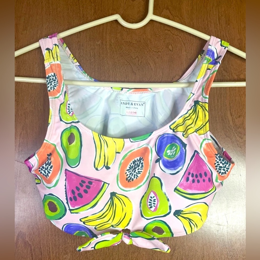 Andy & Evan Bikini Top Padded Girls Lg 12/14 Pink w/ Bright Fruits Swim Beach
